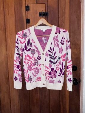 Coldwater Creek Floral Pink V-Neck Button Cardigan Sweater